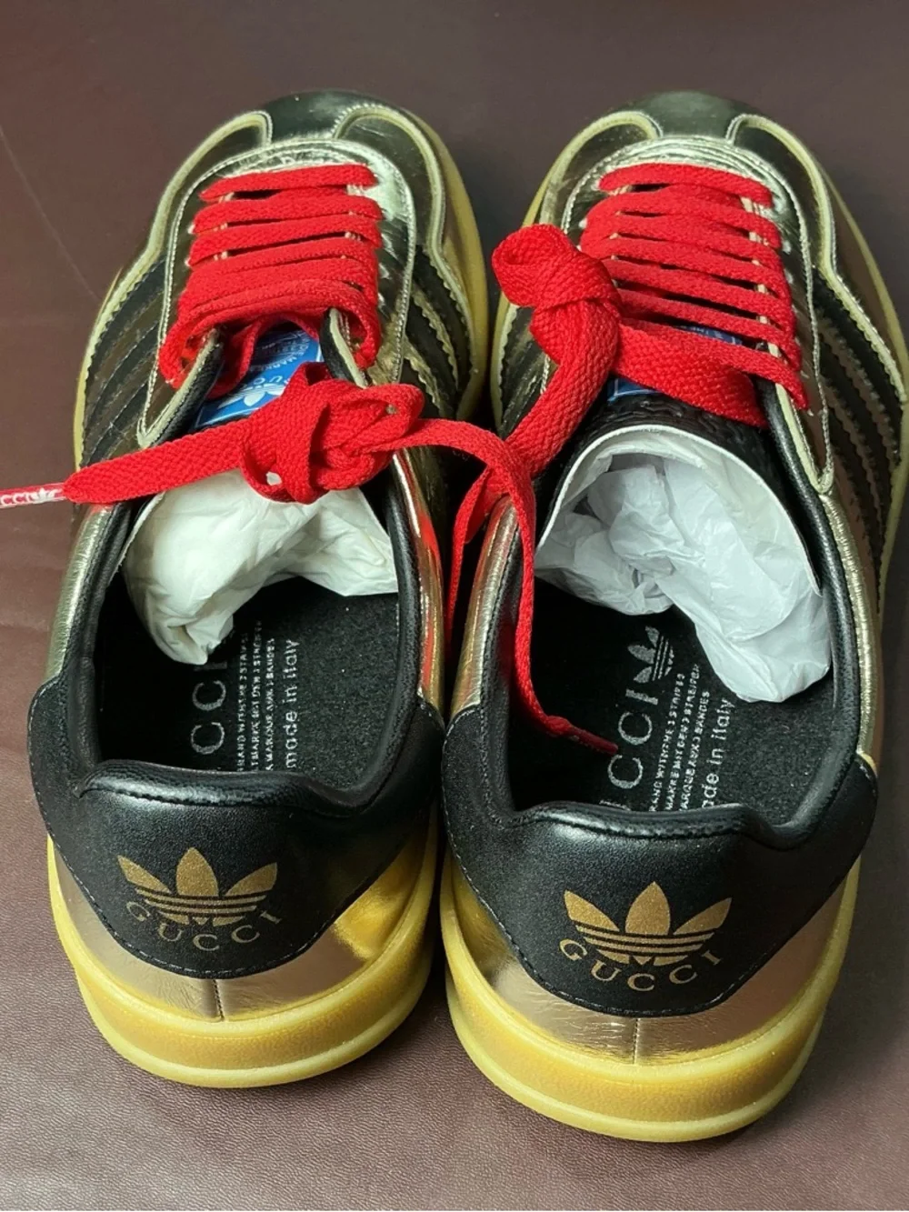 adidas Gold Metallic Sneakers with Red Laces and Black Stripes - Picture 4 of 8